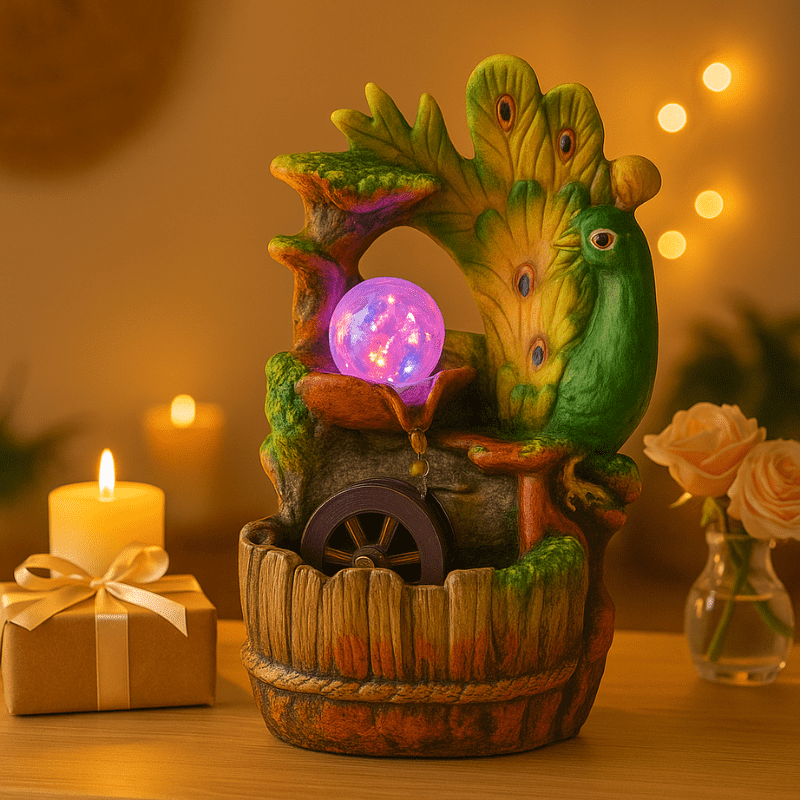 Fuente de Agua Decorativa con Pavo Real y LED Multicolor | Interior Relajante