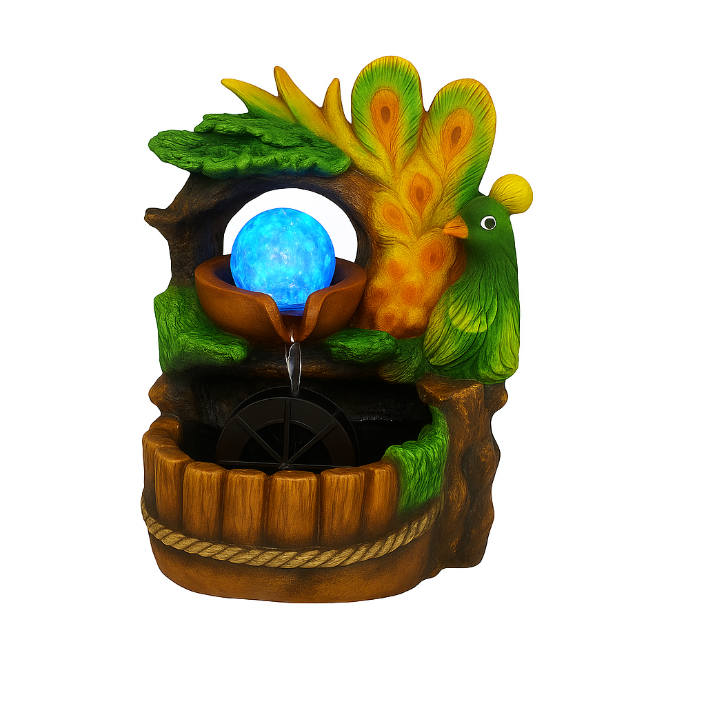 Fuente de agua con pavo real iluminado y esfera LED