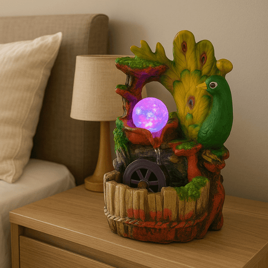 Fuente de Agua Decorativa con Pavo Real y LED Multicolor | Interior Relajante